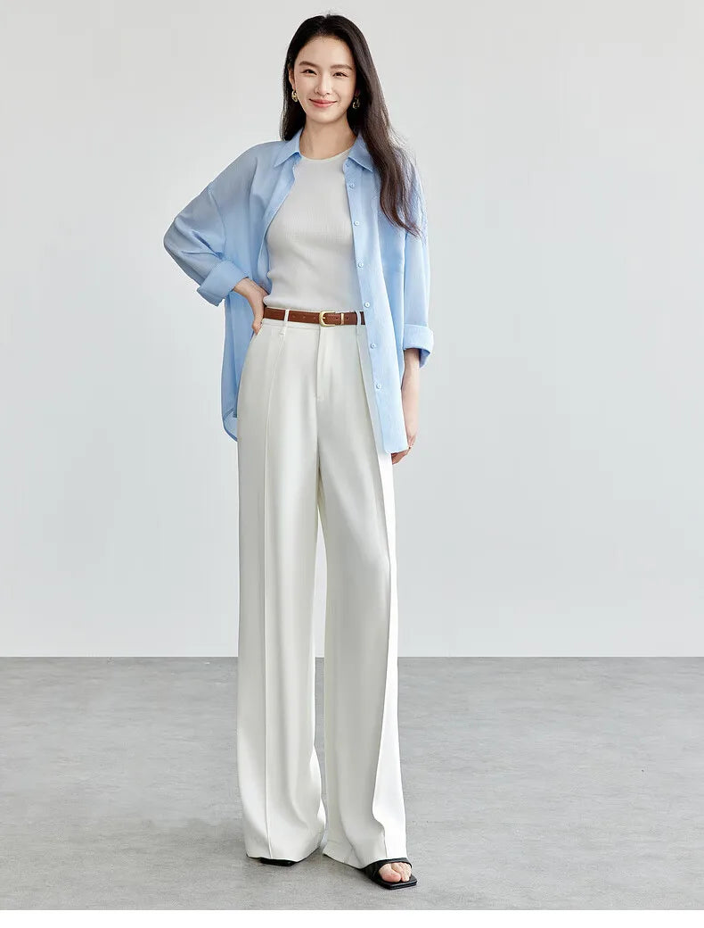 Women's Tailored Trousers Formal Solid High-waist Folds Twill Workwear Pockets Full-length Pants 2026 Spring 151K57704