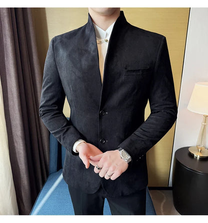 High Quality Cowhide Suede Suit Coats Men Fashion Slim Fit Stand Up Collar Business Casual Jacket Formal Groom Social Tuxedos