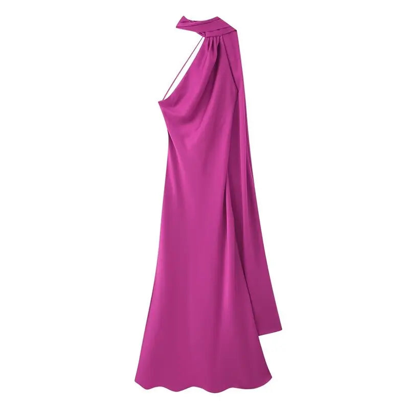 Elegant Long Silk Satin Dress Neck Hanging Pure Color Slim Fit Summer New Fashion Women's Dress City Commuting Casual Wedding