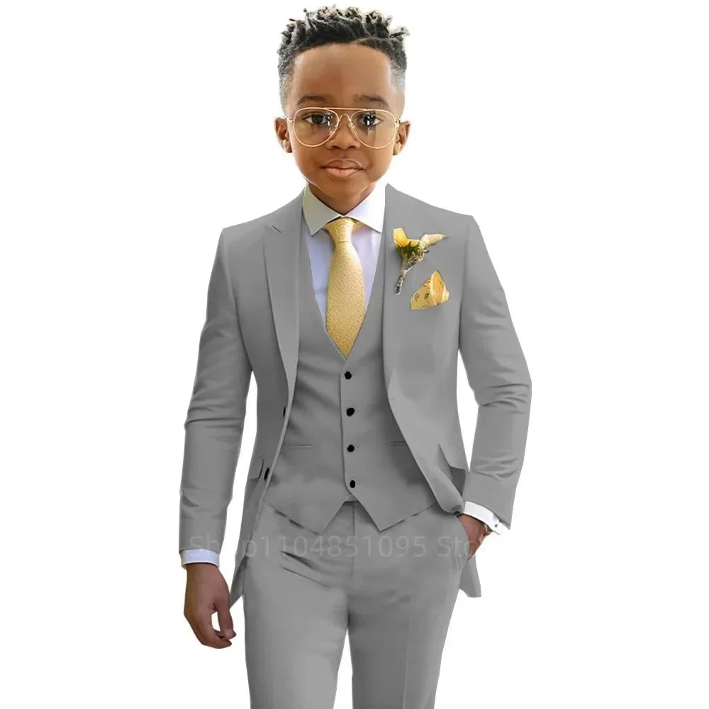 Stylish Boys Suit Wedding Tuxedo Solid Peak Lapel Jacket Vest Pants Party Prom 3 Piece Set Kids Formal Outfit 2-18 Years Old
