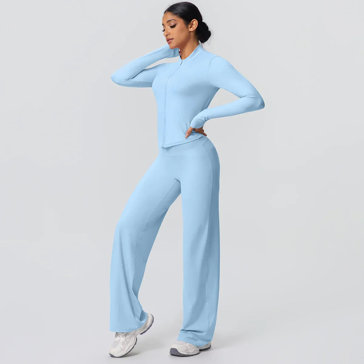 2pieces Quick Drying Sports Fitness Clothing Yoga Set Women Yoga Zipper Long Dleeves High Waisted Breathable Wide Leg Pants Set