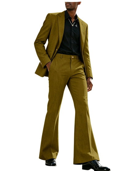 Vintage Men's Linen Suit 2 Piece Notch Lapel 2 Button Blazer Wide Leg Flare Pants Breathable Lightweight Set for Business Casual