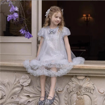 2026 New Summer Dress Girls Sequin Tulle Princess Party Gown Children Pageant Formal Attire Celebration Outfit Elegant Clothes