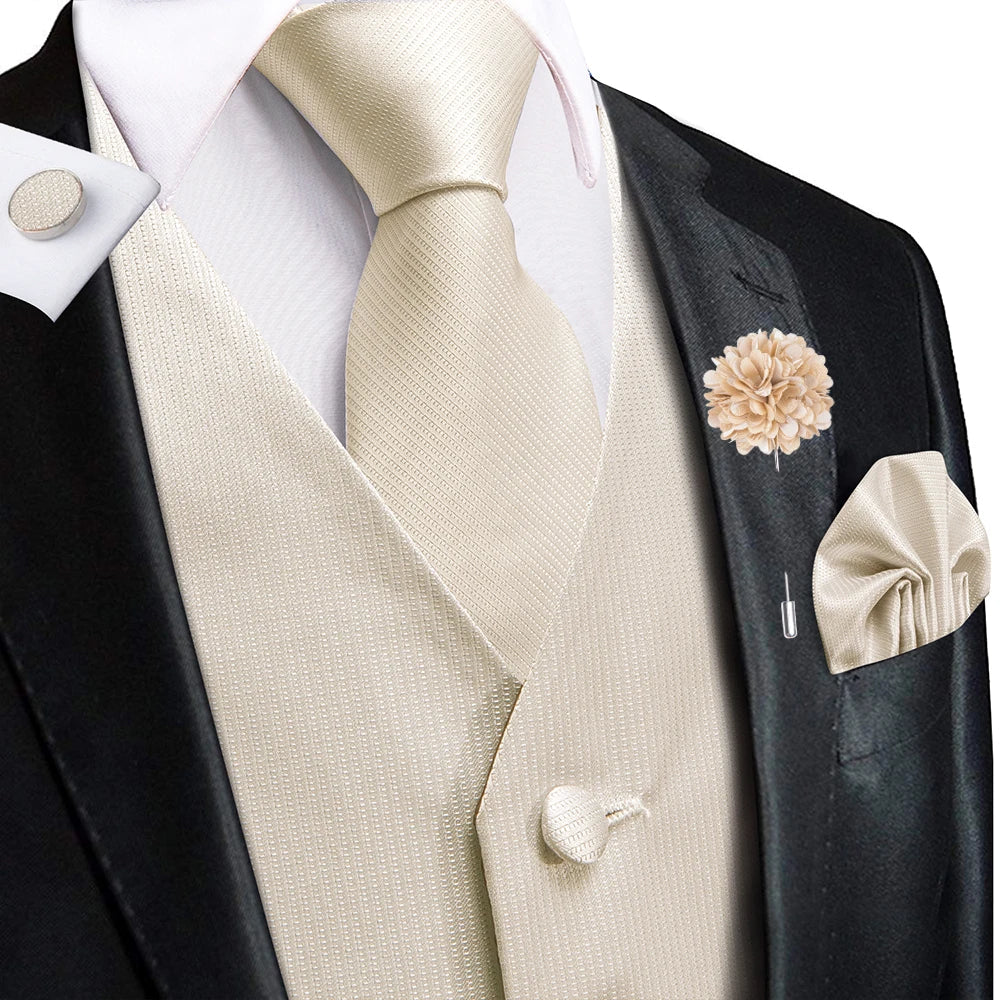 Luxury Gold Black Mens Vests Print Jacquard Waistcoat Tie Hanky Cufflinks Brooch Set for Men Wedding Formal Business Hi-Tie