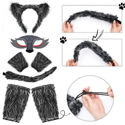 Girls Wolf Ear Headband Tail Skirt Mask Suit Wolf Cosplay Costumes Children Stage Costume Birthday Gift Halloween Animal Dress