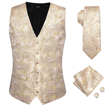 Designer Beige Champagne Ivory Khaki Mens Vest Necktie Set Jacquard Waistcoat Jacket Tie Hankerchief Cufflinks for Men Gift
