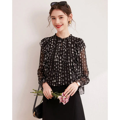 2024 Sweet Printed Stand up Collar Shirt Autumn Edition Gentle Bubble Sleeves Non Elastic Women's Shirt