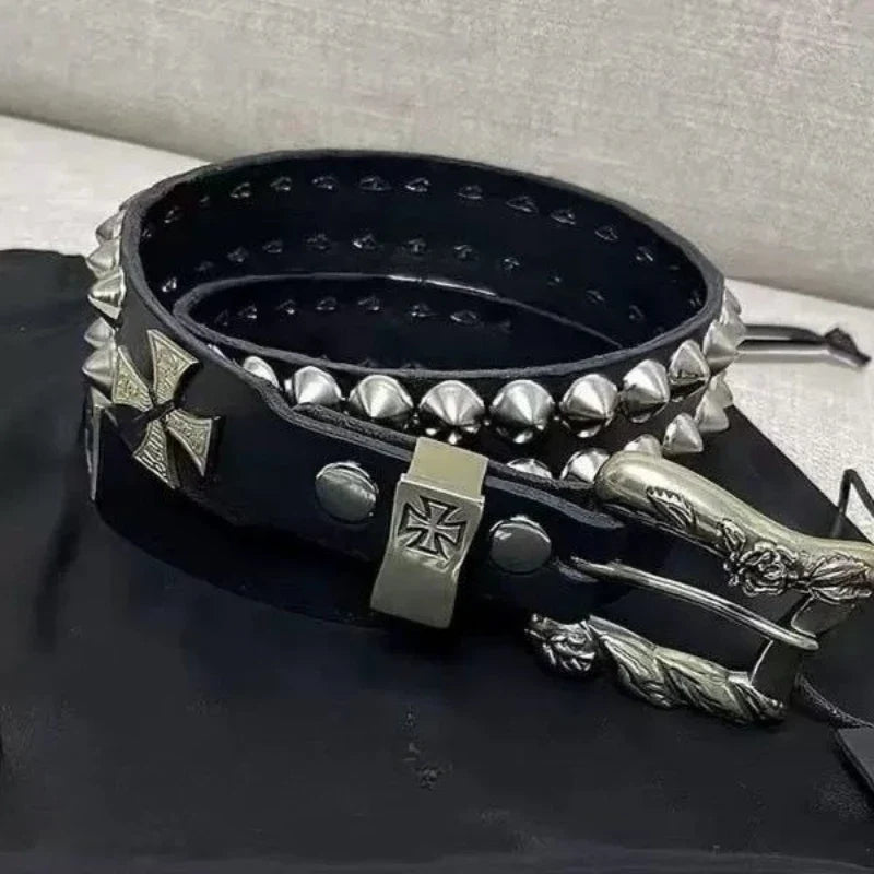 Punk New Gothic Y2K Women Men Belts Luxury Brand Goth Ladies Hip Hop Punk Rivet Skeleton Print Waist Belt Jeans Waistband