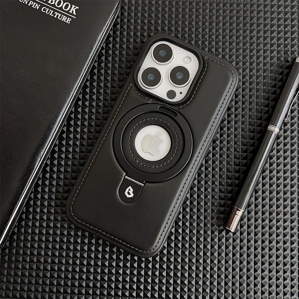 Luxury Leather Metal Magnetic Ring Stand Magsafe Case For iPhone 17 16 15 14 13 12 Pro Max Plus 17Air Business Hollow Logo Cover