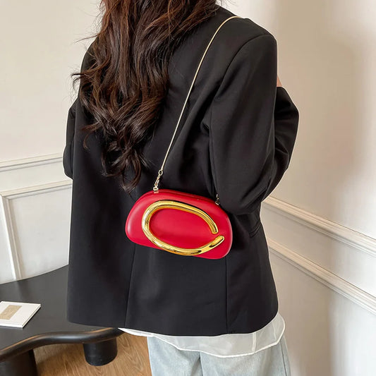 Women PU Leather Metal Handle Handbag & Removable Strap Crossbody Shoulder Bag Hand-held Shoulder Clutch Bag for Evening Dinner
