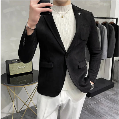 Men's Deerskin Fleece Suit Jacket 2025 Spring New High Quality Single Button Slim Fit Business Casual Suit Coat  Men Clothing