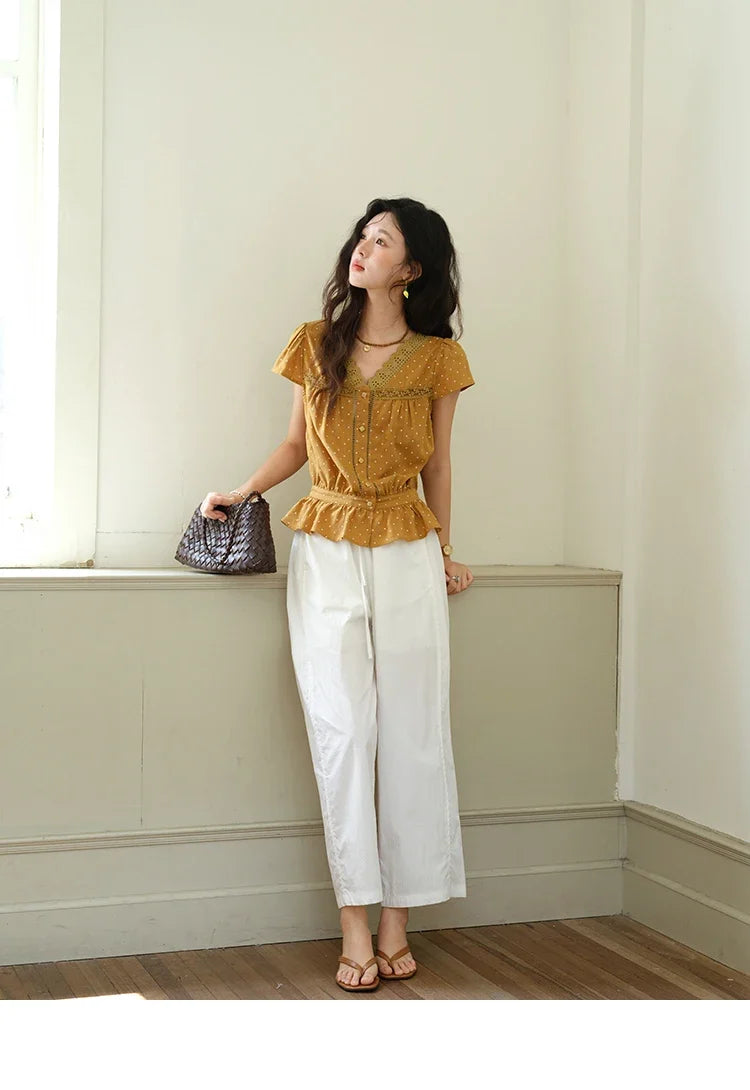 Women's V-neck Lace Splicing Blouse 2025 Summer New Ladies Fashion Polka Dot Hollow Ruffle Button Female Top MXE38X1847