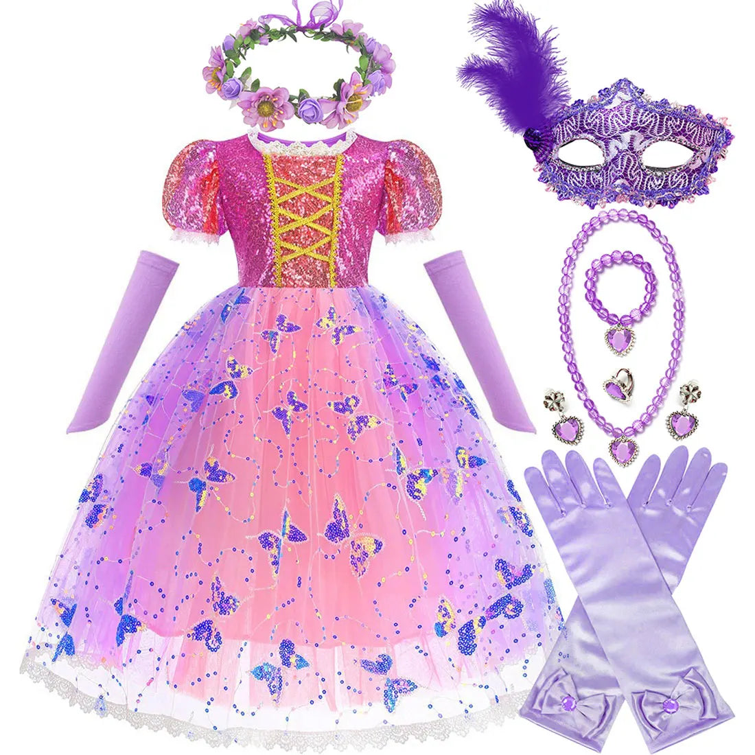 Rapunzel Short Sleeve Purple Puffy Dress + Accessories Girls Cosplay Rapunzel Summer Casual Dress Birthday Party Gift
