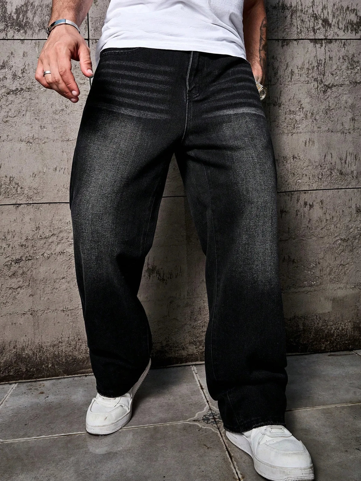 1pc Vintage Style Men's Black Washed Distressed Loose Wide Leg Relaxed Straight Jeans, Perfect Gift for Husband, Boyfriend