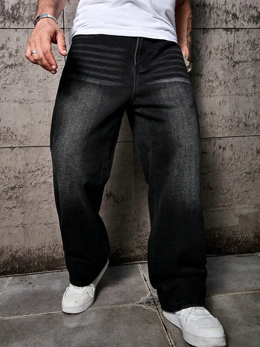 1pc Vintage Style Men's Black Washed Distressed Loose Wide Leg Relaxed Straight Jeans, Perfect Gift for Husband, Boyfriend