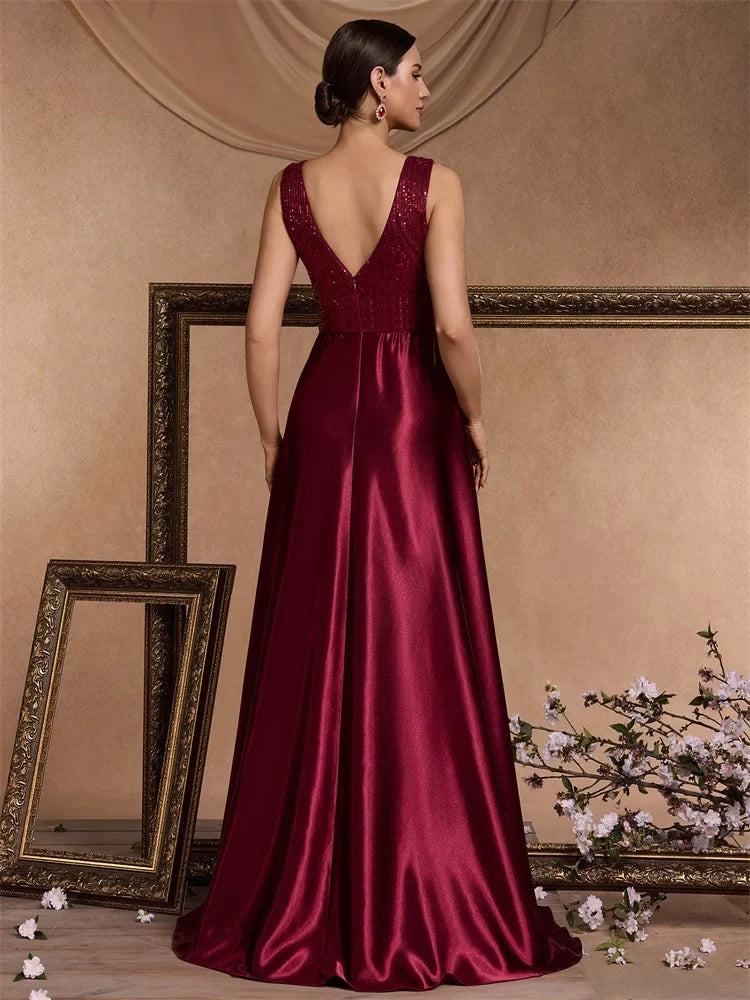 Elegant Sequins Evening Dress For Women 2024 Deep V-neck Satin Prom Party Green Dress Floor Length Blue Formal Gowns