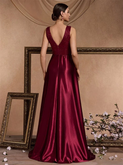 Elegant Sequins Evening Dress For Women 2024 Deep V-neck Satin Prom Party Green Dress Floor Length Blue Formal Gowns