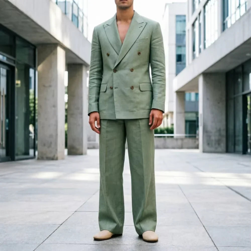Men‘s Sage Green Linen Suit 2 Piece Double Breasted Peak Lapel Blazer Straight Leg Pants Casual Set For summer wedding Groom New