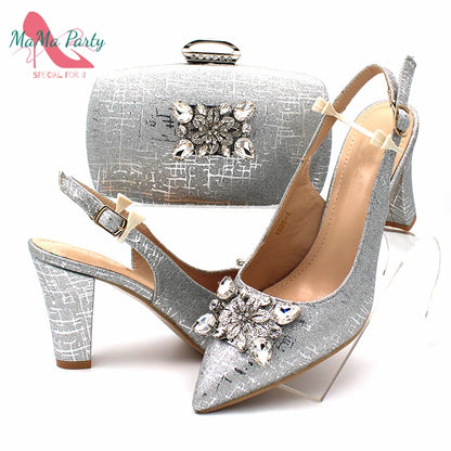 Color Italian Classics Design African Women Shoes and Bag Set High Quality with Shinning Crystal for Wedding Party