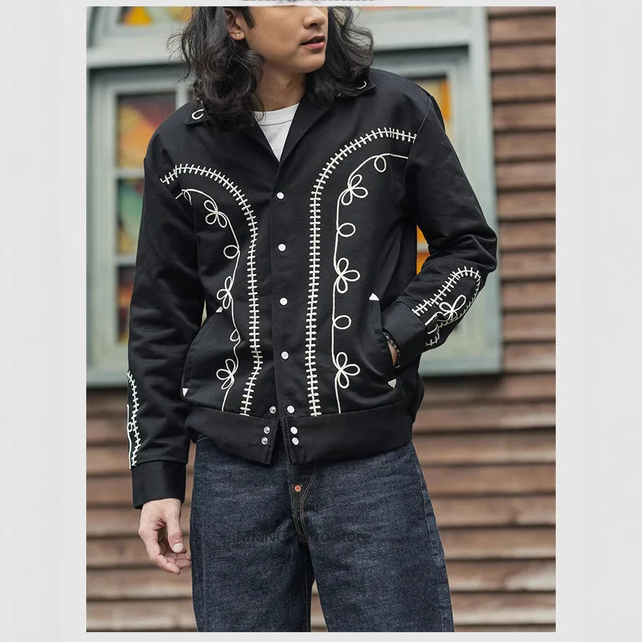 Non Stock Bolero Men's Rockabilly Jacket in Black Vintage-Inspired Western Embroidery Outerwear