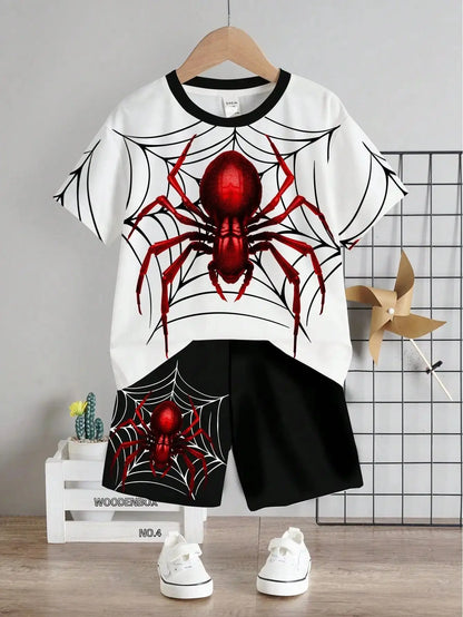 2025 summer new children's suit casual simple spider print round neck short-sleeved T-shirt and shorts suit