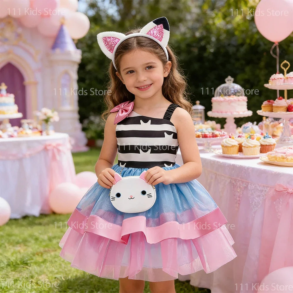 2026 Summer New Kids Girls Puffy Princess Dress Cat Striped Tutu Dress Children Birthday Party Cosplay Costume