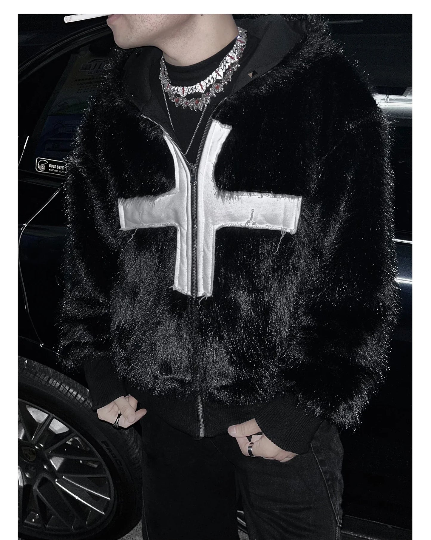 Winter Short Cool Warm Soft Hairy Faux Fur Coat Men with Hood Rivet Luxury Designer Punk Style Clothes Fluffy Jacket