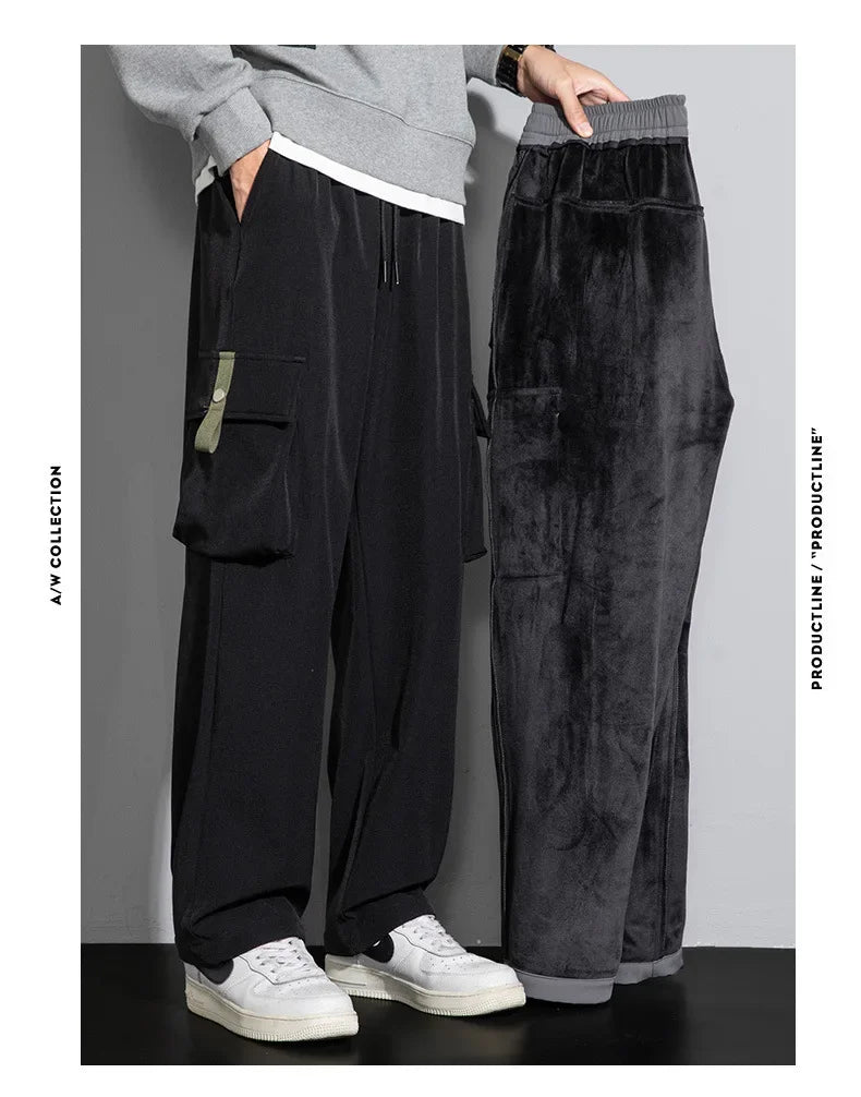 2026 Cargo Pants Men Straight Fit Wide Leg Fleece Lined Trouser Male Winter Fashion Loose Baggy Large Plus Size Warm Streetwear