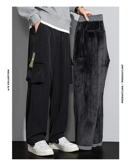 2026 Cargo Pants Men Straight Fit Wide Leg Fleece Lined Trouser Male Winter Fashion Loose Baggy Large Plus Size Warm Streetwear