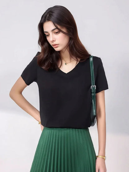 Women Solid T shirts, Silk Cotton Blend, O Neck, Short Sleeved Solid Tee,2025 Summer Candy Colors Basic Cozy Top Green