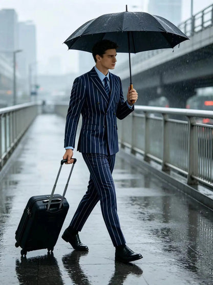 Men's Pinstripe 2 Piece Suit Set Double Breasted Peak Lapel Slim Fit Striped Tuxedo Suit For Wedding Prom Business Formal
