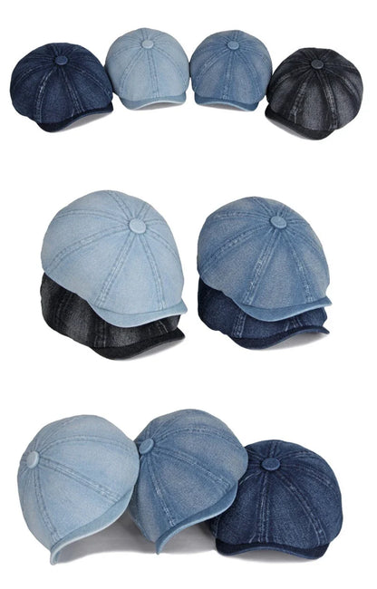 Men's Octagonal Hat Casual Solid Eight-blade Berets Washed Denim Newsboy Cap Women Painters Hat Peaked Herringbone Flat Cap