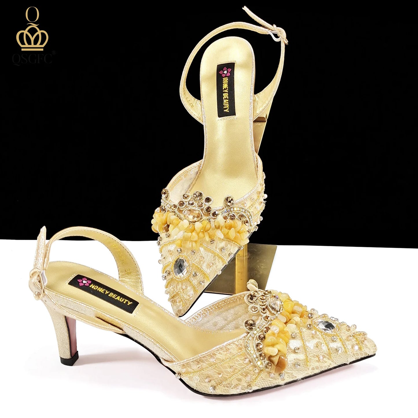 Italian Design Rhinestones and Coral Stones Ladies Party Shoes High Heels Pointed Toe Coffee Color Women's Shoes