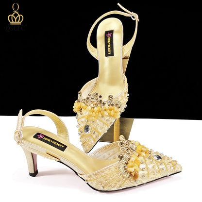 Italian Design Rhinestones and Coral Stones Ladies Party Shoes High Heels Pointed Toe Coffee Color Women's Shoes