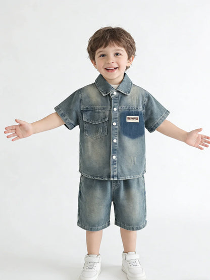 Breathable Kids Denim Two Piece Set, Soft Cotton Blend Toddler Boy Casual Outfit, Lightweight Vintage Washed Shirt + Shorts For