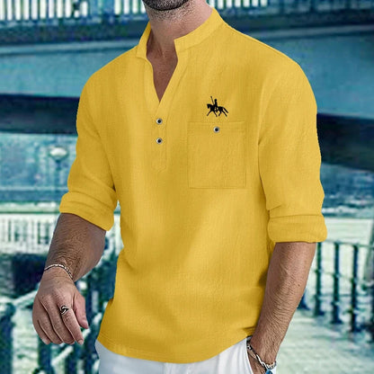 Men Mandarin Collar Long Sleeve Henley Cotton Linen Shirt With Chest Pocket Breathable Lightweight Beach Travel Daily Casual Top