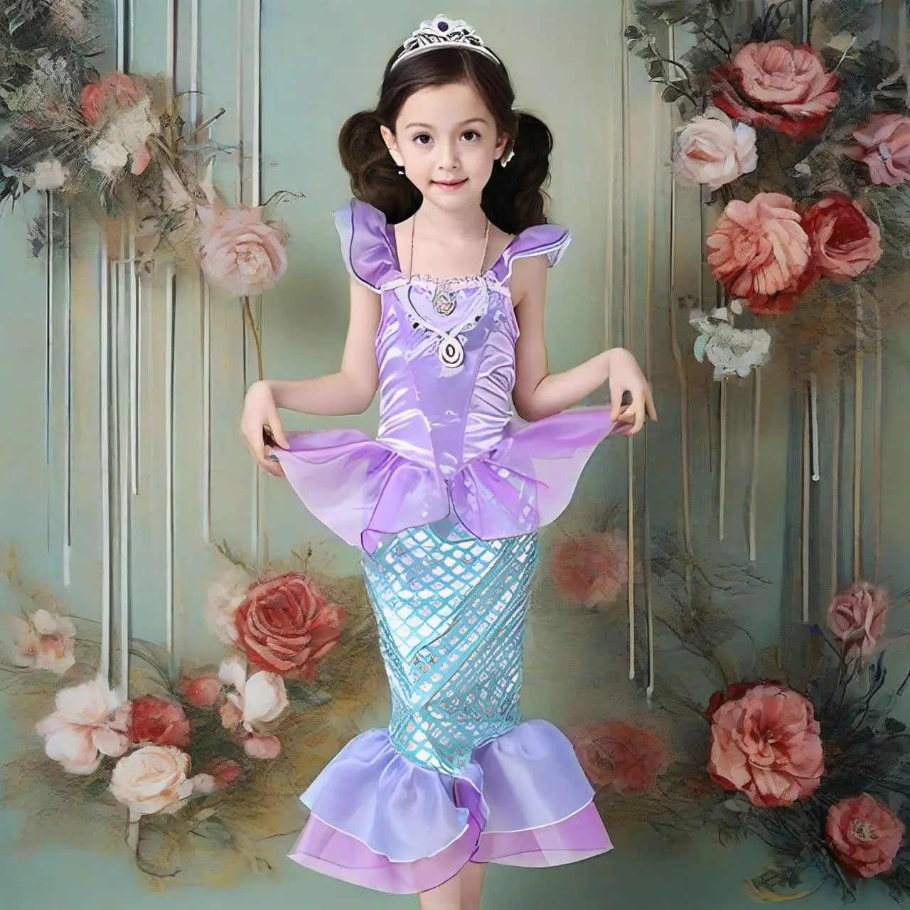 2025 Girls Mermaid Dress Princess Cosplay Party Costumes Summer Purple Elegant Flying Sleeve Fancy Dresses For 2-10Y Kids
