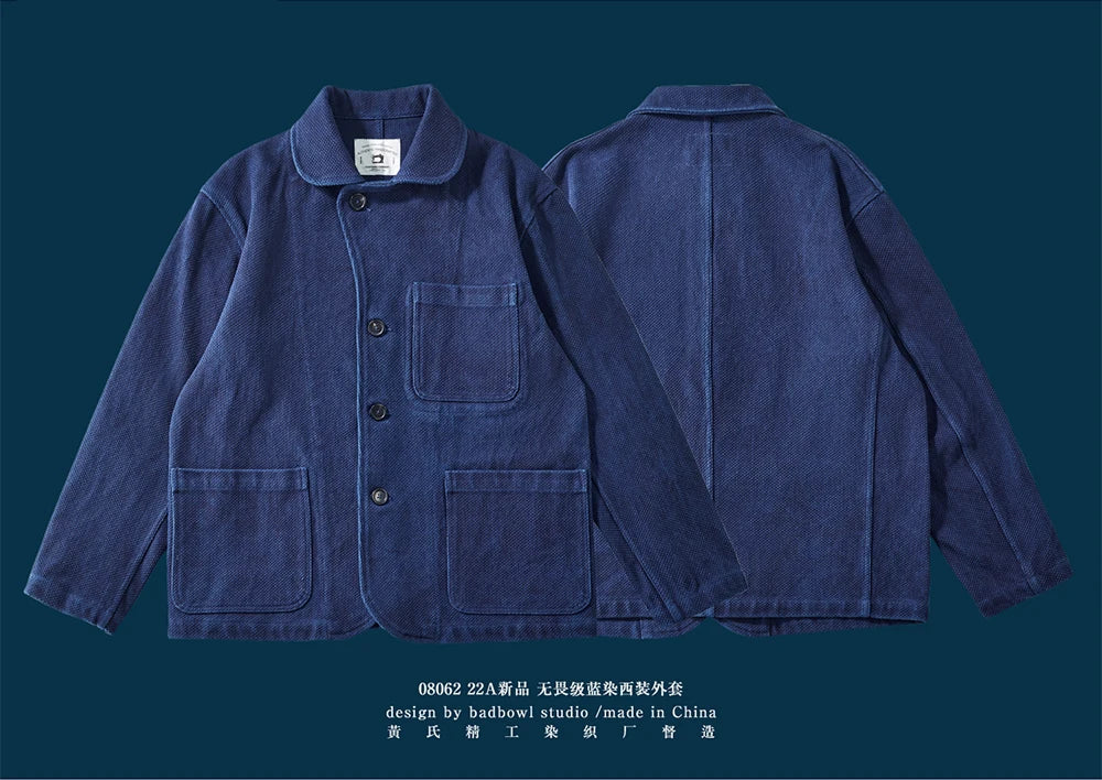 Heavy Weight Indigo Jacket Men Autumn Winter Vintage Workwear Tooling Jacket Blue Dyed Kendo Fabric Multi-pocket Cardgian Coat
