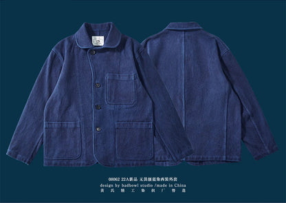 Heavy Weight Indigo Jacket Men Autumn Winter Vintage Workwear Tooling Jacket Blue Dyed Kendo Fabric Multi-pocket Cardgian Coat