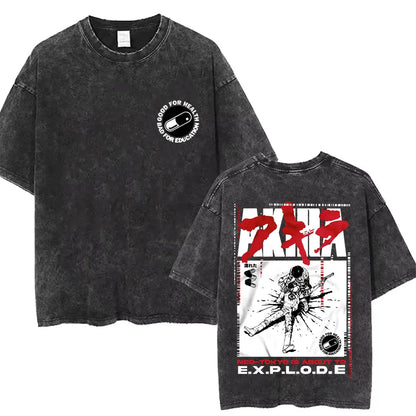 Washed Vintage Anime Akira T Shirts Japanese Science Fiction Cartoon Movie Shotaro Kaneda T-shirt Men's Manga Oversized T-shirts