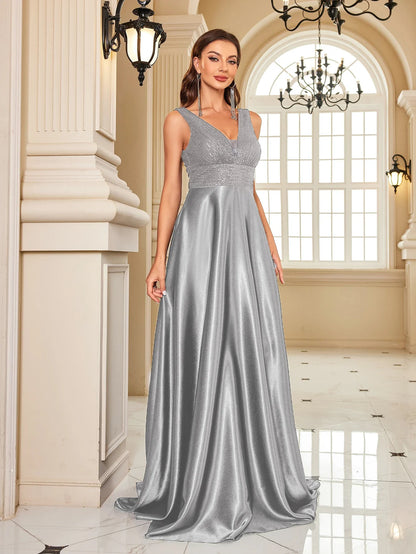 Elegant Sequins Evening Dress For Women 2024 Deep V-neck Satin Prom Party Green Dress Floor Length Blue Formal Gowns