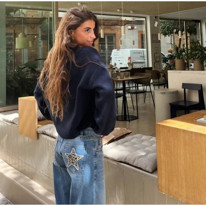 European and American Leopard Print Star Patch Jeans Street Women's High Waist Jeans Fashion Clothing Vintage Straight Trousers