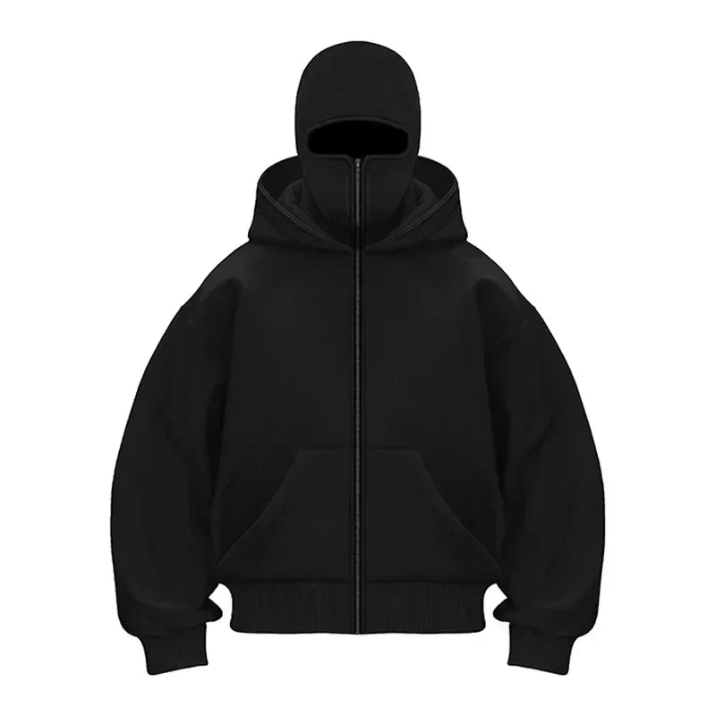 Balaclava Men Zip Hoodie Winter Warm Casual Sweatshirt Y2K with Hooded Face Mask Zipper Design Sports Jacket Outdoor Activities