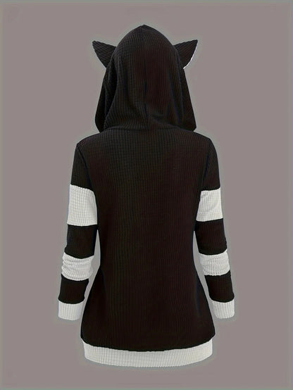 2024 European and American fashion women's new thick cat ears in autumn and winter long color matching hooded sweater coat