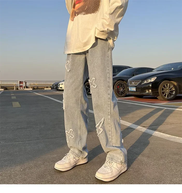 Cross Embroidery Y2k Jeans Mens Straight Denim Pants Casual Vintage Jeans Versatile Fashion Streetwear Spring High Street Pants