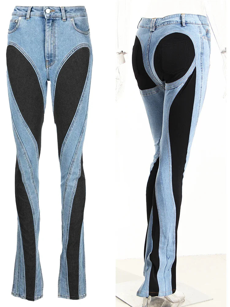 Jeans Women Pencil Pants 2023 Fashion High Waist Contract Color Patchwork Split Long Denim Pants Elastic Skinny Trousers