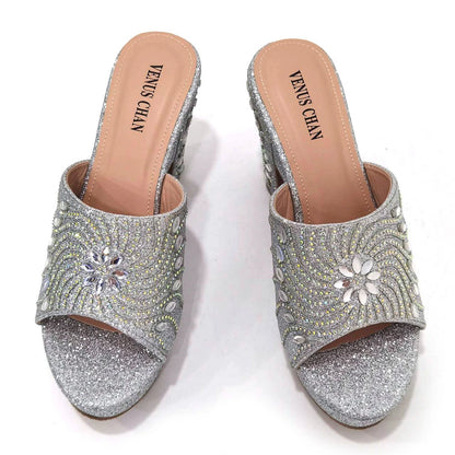 2023 The Latest Italian Design Rotary Rhine-Diamond Floral Thick Heel Platform Women's Comfortable Shoes Bag and Shoe Set