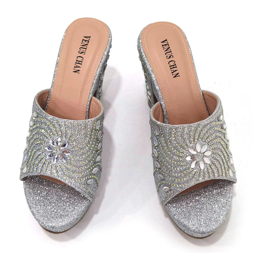 Women's Shoes High Heels Sexy Ladies Party Wedding Pattern Embroidery Mules Shoes and Bags Set for Italian 2023
