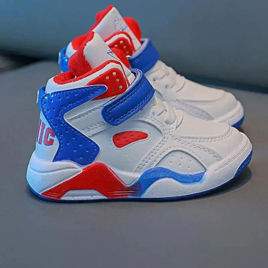 Children's Spring Autumn Casual Shoes Boy's Leather High Top Color Matching Sports Casual shoes Wear Resistant Basketball Shoes