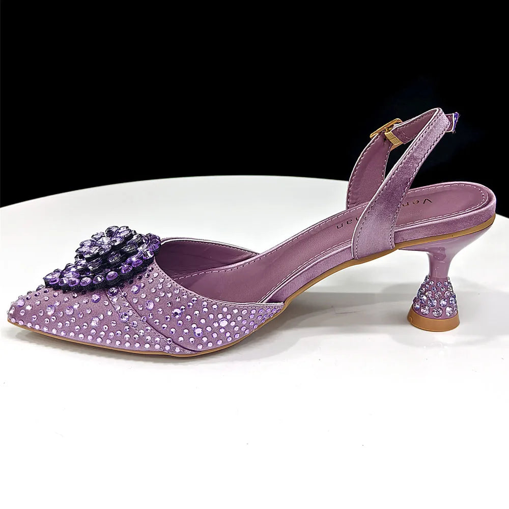 Blue Color Rhinestone Comfortable high heel shoe And Bag Fashion Style Pointed-Toe Shoes For Women Or Commuting Shoes